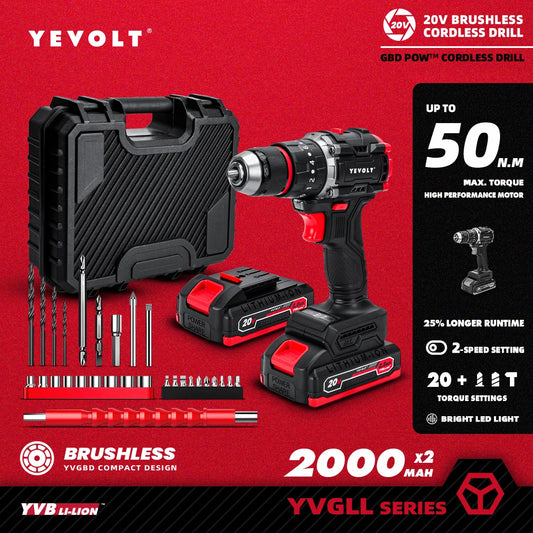 YEVOLT YVGBD20DU3 Series Brushless Electric Drill 20V 20+3 0-1450 RPM Impact Cordless Driver Handheld LED Screwdriver Power Tool