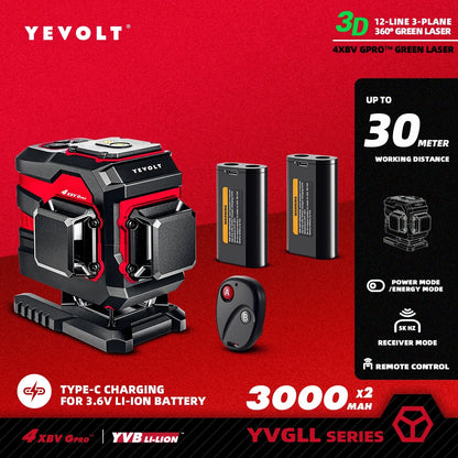 YEVOLT Ground-Mode 12-Line Laser Level YVGLL4XS12T 360° Vertical Coverage ±0.2mm/m Outdoor Daylight Use Single-Person Operation