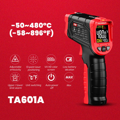 Termômetro infravermelho digital série YEVOLT TA601, portátil, sem contato, infravermelho, laser, pistola de calor, temperatura, ponto VA, tela colorida HD