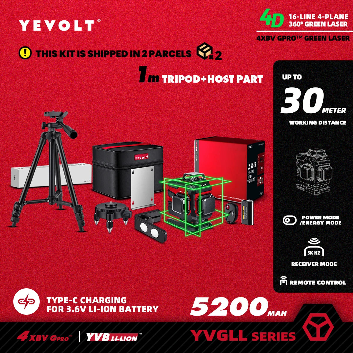 Nível a laser YEVOLT Green Beam, 16 linhas, autonivelante, 360°, 3D, horizontal e vertical, ferramentas de medição precisas - Série YVGLL4XS16