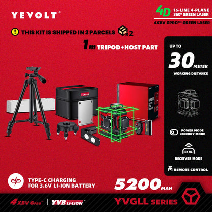 Nível a laser YEVOLT Green Beam, 16 linhas, autonivelante, 360°, 3D, horizontal e vertical, ferramentas de medição precisas - Série YVGLL4XS16