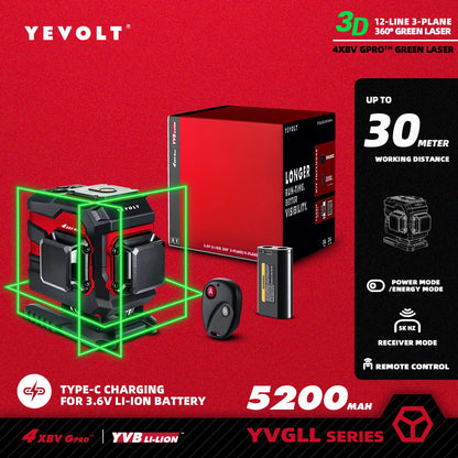 Nível a laser verde YEVOLT YVGLL4XS-Series autonivelante, 3/4 planos, 12/16 linhas, 360 graus, 3D/4D, ferramenta de medição de linhas horizontais e verticais
