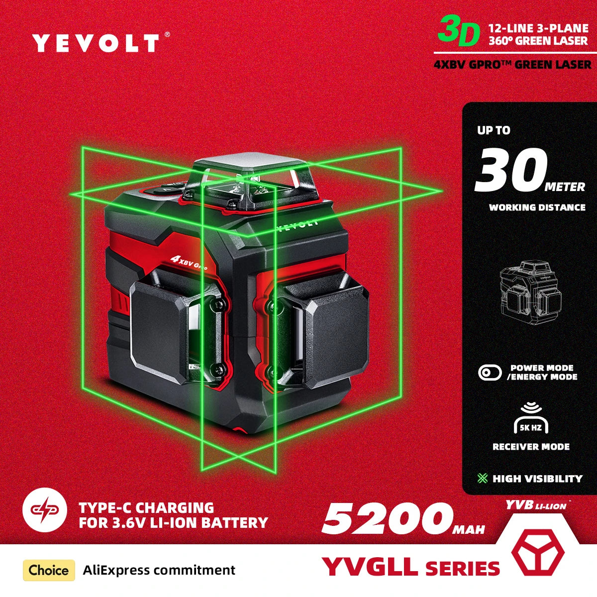 Nível a laser verde série YEVOLT YVGLL4XS12PRO, 3 planos, 12 linhas, autonivelante, 360 graus, horizontal e vertical, 3,6 V, 5,2 Ah, ferramentas elétricas