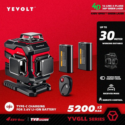 YEVOLT YVGLL4XS16 Nível a laser rotativo de 16 linhas de layout completo Sistema de alinhamento de ladrilhos autonivelante QuikTilt Alcance de 30 m de precisão