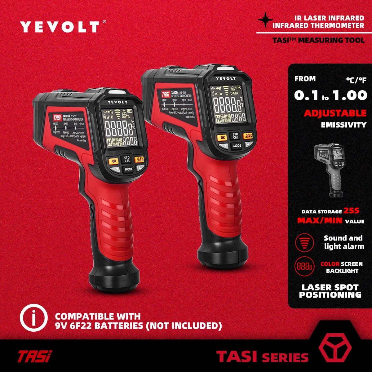 Termômetro infravermelho digital série YEVOLT TA603, portátil, sem contato, infravermelho, laser, pistola de temperatura, tela colorida, luz de fundo