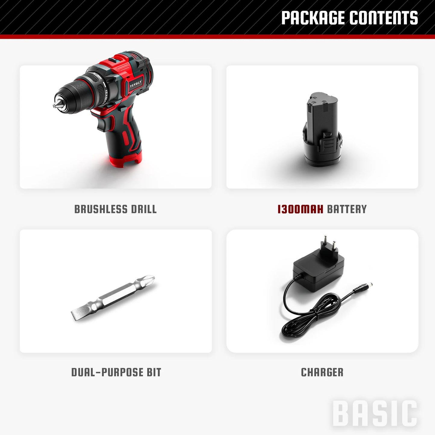 YEVOLT YVGCB12JY Series 12V Brushless Electric Drill Li-ion Compact Cordless Driver High Speed Handheld Screwdriver Power Tools