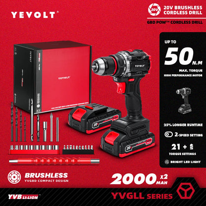 YEVOLT 20V Brushless Electric Drill  Handheld Screwdriver Li-ion Compact Cordless 21+1 Driver Power Tools-YVGBD20DU2 Series