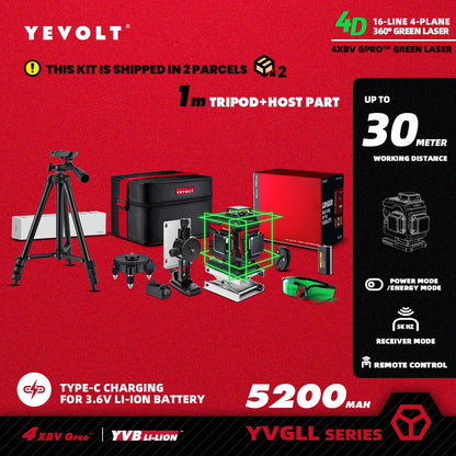 Nível a laser YEVOLT Green Beam, 16 linhas, autonivelante, 360°, 3D, horizontal e vertical, ferramentas de medição precisas - Série YVGLL4XS16