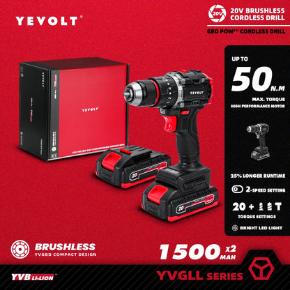 YEVOLT Cordless Electric Drill 20V - Brushless Motor, 2-Speed (0-550/1450RPM) 50N.m Torque LED Light for Prolonged DIY Projects