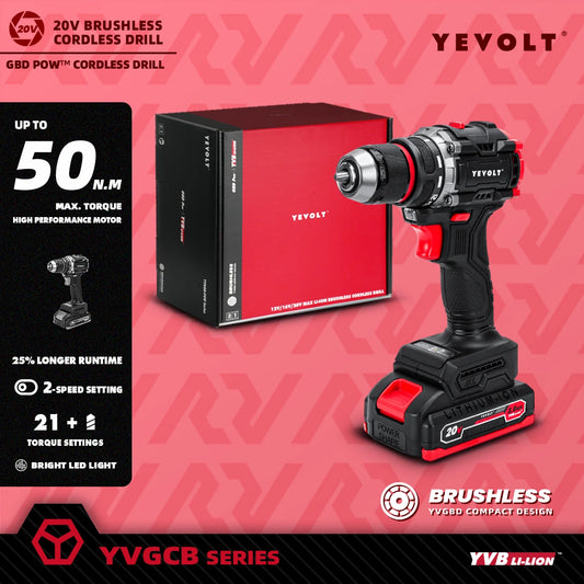 YEVOLT YVGBD20DU2 20V Longer Runtime Brushless Cordless Drill Screwdriver 50N.m Max 21+1 Torque Setting Self-Tightening Chuck