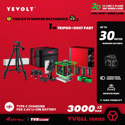 Nível a laser verde YEVOLT TL-YVGLL4XS-Series 3/4-Plano 12/16-Linhas Autonivelante 360 ​​3D/4D Ferramenta de medição de potência - Tripé de 1 m