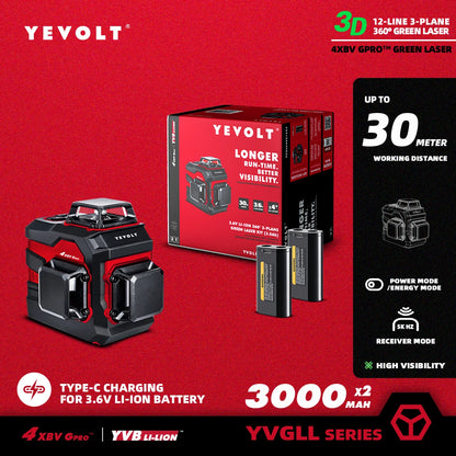 Nível a laser verde YEVOLT YVGLL4XS12DP, 3 planos, 12 linhas, autonivelante, 3D, horizontal e vertical, 2 x 3,6 V, 3 Ah, ferramentas de medição de potência