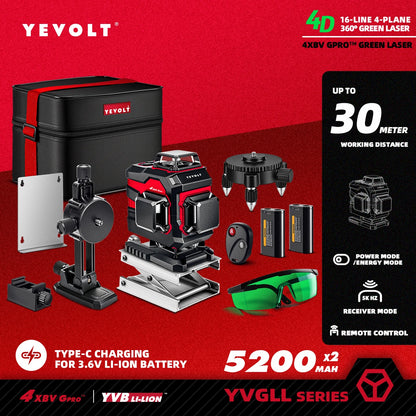 YEVOLT YVGLL4XS16PRO Nível a laser verde de 16 linhas e 4 planos, 5,2 Ah, autonivelante, horizontal e vertical, ferramenta com controle remoto