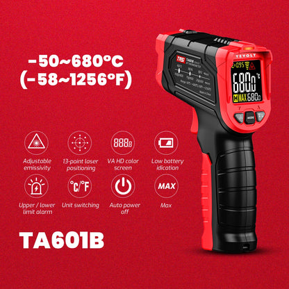Termômetro infravermelho digital série YEVOLT TA601, portátil, sem contato, infravermelho, laser, pistola de calor, temperatura, ponto VA, tela colorida HD