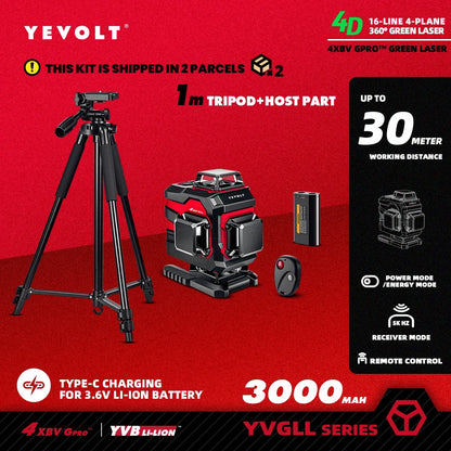 YEVOLT YVGLL-S - Trípode de altura ajustable de 1,5 m con cabezal multiángulo, nivel láser verde de 12/16 líneas para proyección en techo y pared