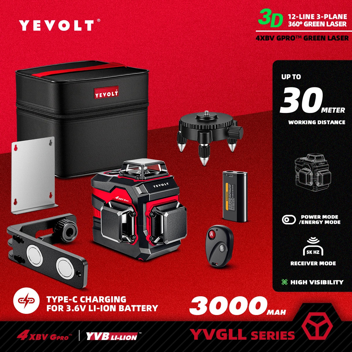 Nível a laser YEVOLT Série YVGLL4XS Verde 12/16 linhas 3/4 planos autonivelante 360 ​​3D/4D ferramenta de medição de linhas horizontais e verticais