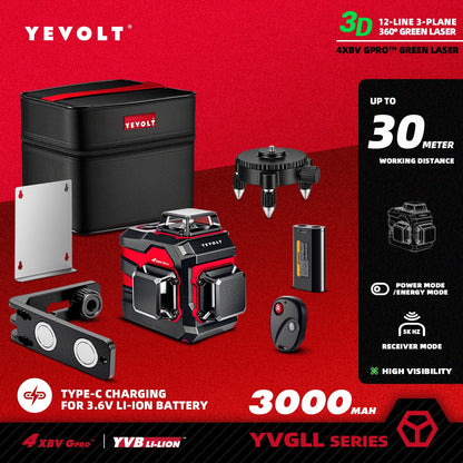 Nível a laser YEVOLT Série YVGLL4XS Verde 12/16 linhas 3/4 planos autonivelante 360 ​​3D/4D ferramenta de medição de linhas horizontais e verticais