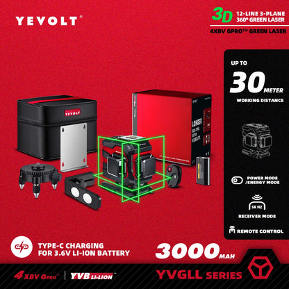 Nível a laser verde YEVOLT YVGLL4XS-Series autonivelante, 3/4 planos, 12/16 linhas, 360 graus, 3D/4D, ferramenta de medição de linhas horizontais e verticais