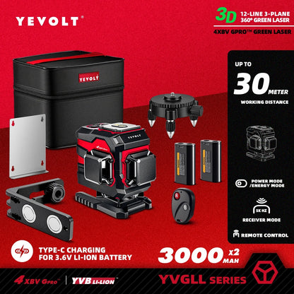 YEVOLT Ground-Mode 12-Line Laser Level YVGLL4XS12T 360° Vertical Coverage ±0.2mm/m Outdoor Daylight Use Single-Person Operation