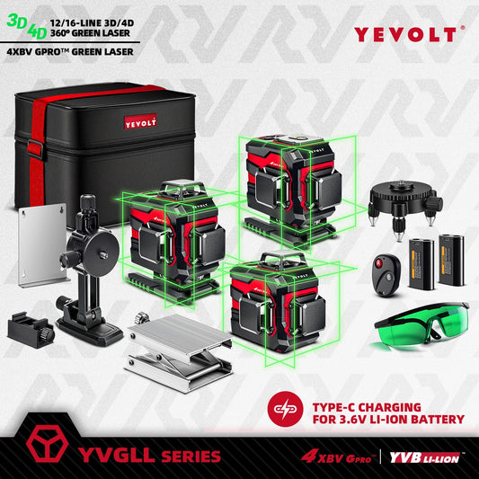 YEVOLT Green Laser Level 3/4-Plane 12/16-Line Self-leveling 360 3D/4D Horizontal & Vertical Power Measuring Tool YVGLL4XS-Series