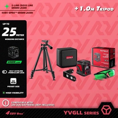 Kit de linhas cruzadas verdes YEVOLT Laser Level YVGLL4XS2 de 2 linhas - Suporte magnético, nivelamento automático, layout e ferramentas de medição de alinhamento