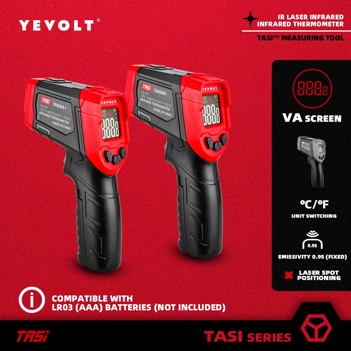 Termômetro infravermelho digital série YEVOLT TA606+, portátil, sem contato, infravermelho, laser, temperatura, pistola, ponto, tela colorida VA