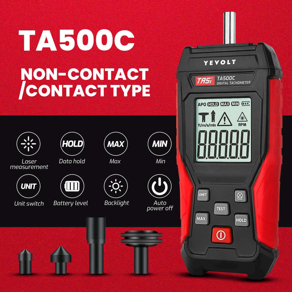 Tacómetro digital sin contacto/2 en 1 YEVOLT TA500A/TA500C, sensor fotográfico láser sin contacto o medidor de contacto, medidor de velocidad y RPM