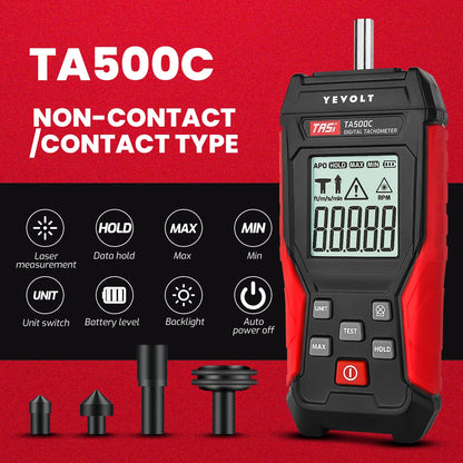 Tacómetro digital sin contacto/2 en 1 YEVOLT TA500A/TA500C, sensor fotográfico láser sin contacto o medidor de contacto, medidor de velocidad y RPM