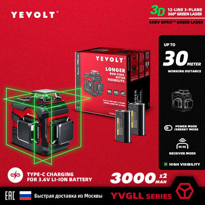 Nível a laser verde YEVOLT, 12/16 linhas, autonivelante, 360°, ferramenta de medição 3D/4D - Tripé de 1,5 m - Série YVGLL4XS