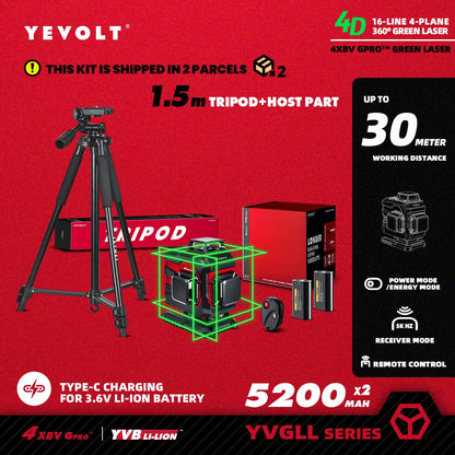Nível a laser YEVOLT Green Beam, 16 linhas, autonivelante, 360°, 3D, horizontal e vertical, ferramentas de medição precisas - Série YVGLL4XS16