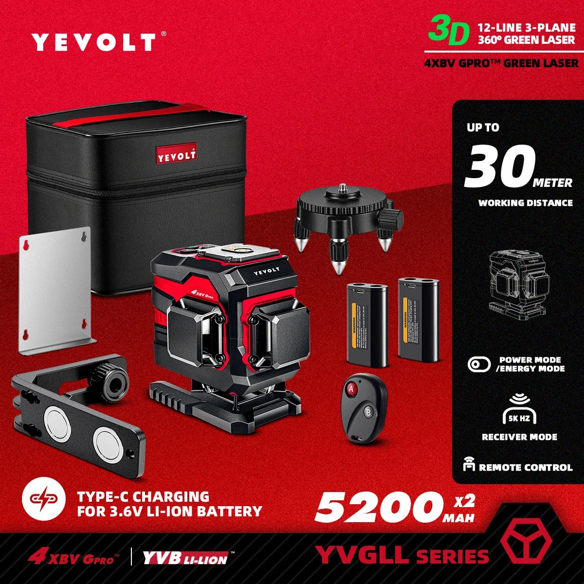 YEVOLT Ground-Mode 12-Line Laser Level YVGLL4XS12T 360° Vertical Coverage ±0.2mm/m Outdoor Daylight Use Single-Person Operation