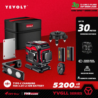 YEVOLT Ground-Mode 12-Line Laser Level YVGLL4XS12T 360° Vertical Coverage ±0.2mm/m Outdoor Daylight Use Single-Person Operation