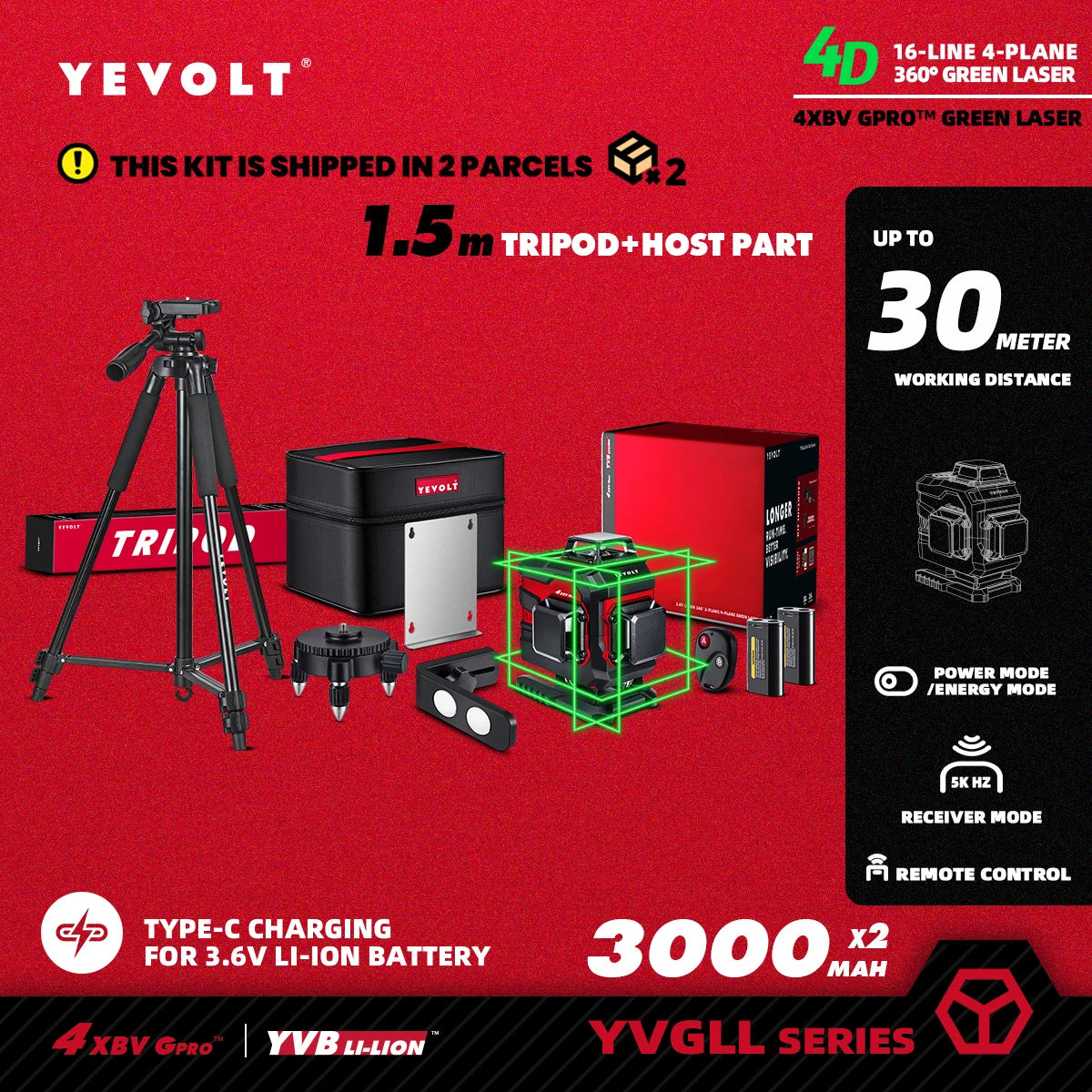 Nível a laser YEVOLT Green Beam, 16 linhas, autonivelante, 360°, 3D, horizontal e vertical, ferramentas de medição precisas - Série YVGLL4XS16