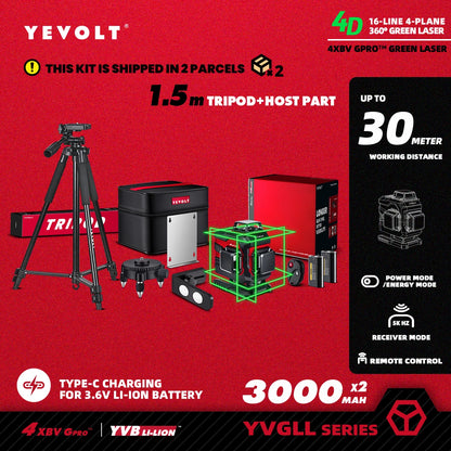 Nível a laser YEVOLT Green Beam, 16 linhas, autonivelante, 360°, 3D, horizontal e vertical, ferramentas de medição precisas - Série YVGLL4XS16