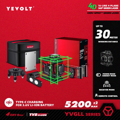 Nível a laser YEVOLT Green Beam 3D horizontal e vertical, 16 linhas, autonivelante, ferramentas de medição precisas de 360° - Série YVGLL4XS16