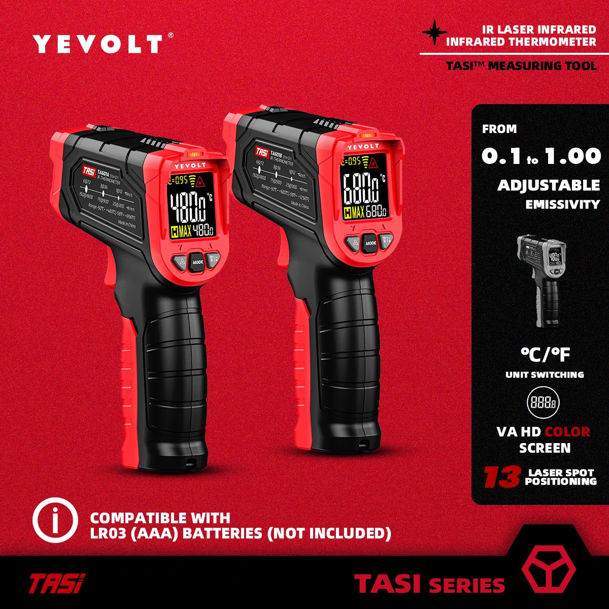 Termómetro infrarrojo digital YEVOLT serie TA601, portátil, sin contacto, con láser IR, punta de pistola de calor, pantalla a color VA HD