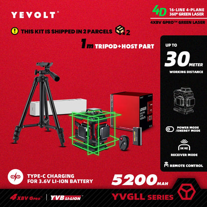 Nível a laser YEVOLT Green Beam 3D horizontal e vertical, 16 linhas, autonivelante, ferramentas de medição precisas de 360° - Série YVGLL4XS16