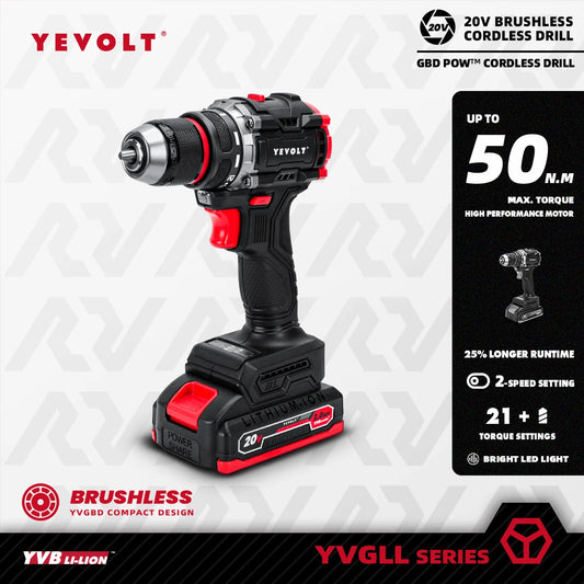 YEVOLT Electric Drill 20V Brushless Li-ion Compact Cordless 21+1 Driver Handheld Screwdriver Power Tools YVGBD20DU2 Series