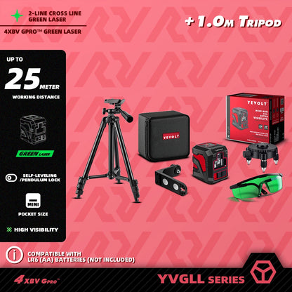 Kit de linhas cruzadas verdes YEVOLT Laser Level YVGLL4XS2 de 2 linhas - Suporte magnético, nivelamento automático, layout e ferramentas de medição de alinhamento
