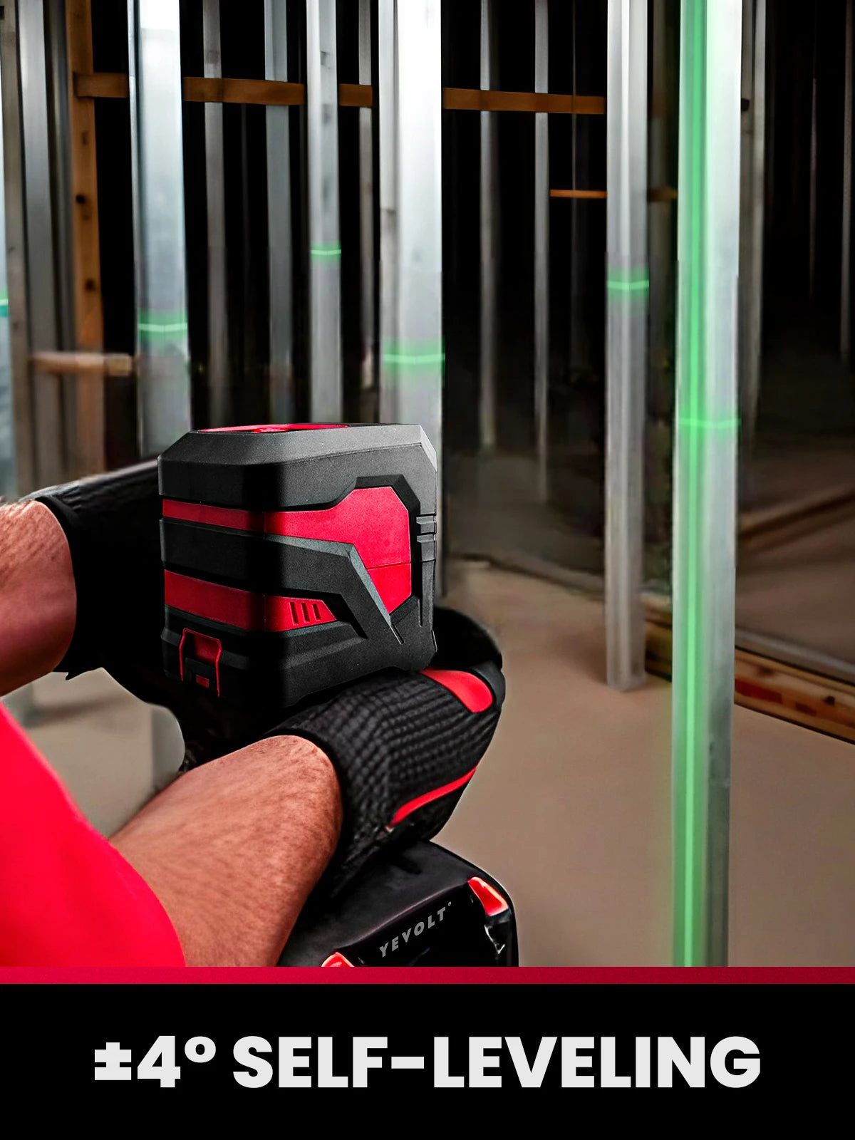 Kit de nível a laser verde de linha cruzada YEVOLT YVGLL4XS2-Ld com base giratória de 2 linhas e suporte magnético, ferramentas profissionais de nivelamento automático