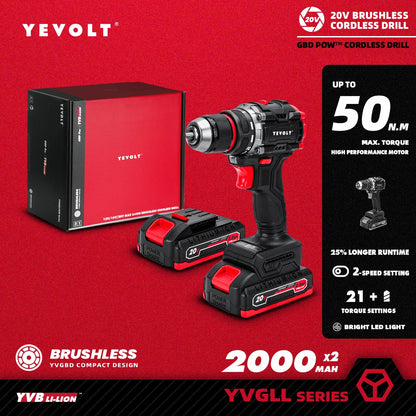 YEVOLT 20V Brushless Electric Drill  Handheld Screwdriver Li-ion Compact Cordless 21+1 Driver Power Tools-YVGBD20DU2 Series