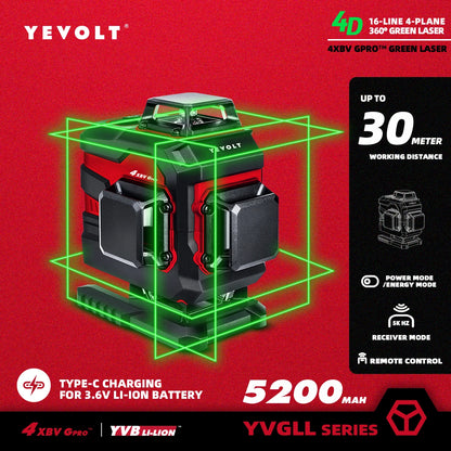 YEVOLT YVGLL4XS16PRO Nível a laser verde de 16 linhas e 4 planos, 5,2 Ah, autonivelante, horizontal e vertical, ferramenta com controle remoto