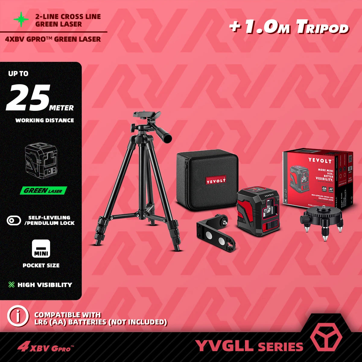 Kit de linhas cruzadas verdes YEVOLT Laser Level YVGLL4XS2 de 2 linhas - Suporte magnético, nivelamento automático, layout e ferramentas de medição de alinhamento