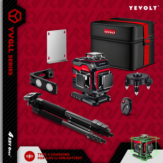 YEVOLT Laser Level Green Beam 4-Plane 16-Line Self-leveling 360 3D Ground-Hugging Horizontal & Vertical Tile Measuring Tools