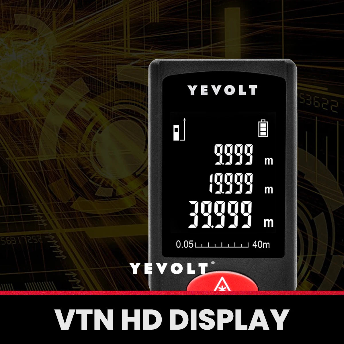 Medidor de distância a laser da série D da YEVOLT, 40/60/80/100 m, fita métrica digital com retroiluminação de área/volume/pitagórica