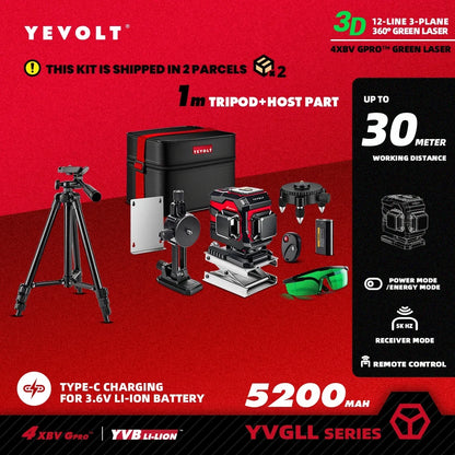 Gerador de nível a laser YEVOLT YVGLL4XS12T 360° de 12 linhas, sistema de alinhamento de ladrilhos autonivelante FloorMaster de alta precisão - alcance de 30 m