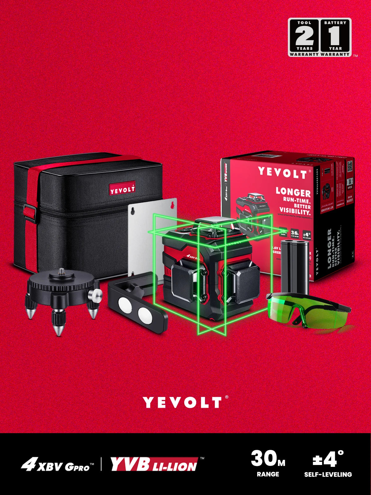 Kit de nível de laser verde 3D YEVOLT YVGLL4XS12B2PRO de 12 linhas, 360°, bateria de 5200 mAh, óculos, suporte de parede, base giratória, bolsa Oxford