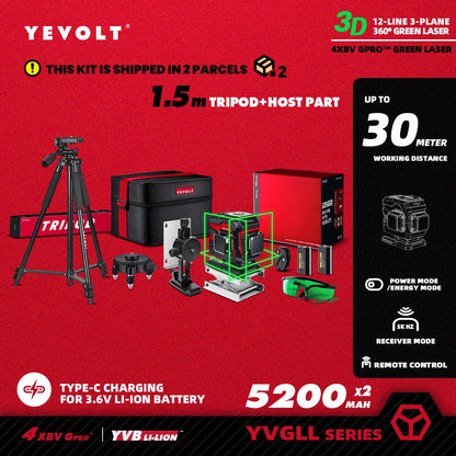 Nível a laser YEVOLT YVGLL4XS12T 3D, 12 linhas, autonivelante, 3 Ah/5,2 Ah, íons de lítio, ferramentas de medição horizontal e vertical 360