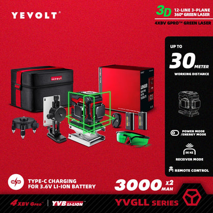 Nível a laser verde YEVOLT YVGLL4XS-Series autonivelante, 3/4 planos, 12/16 linhas, 360 graus, 3D/4D, ferramenta de medição de linhas horizontais e verticais