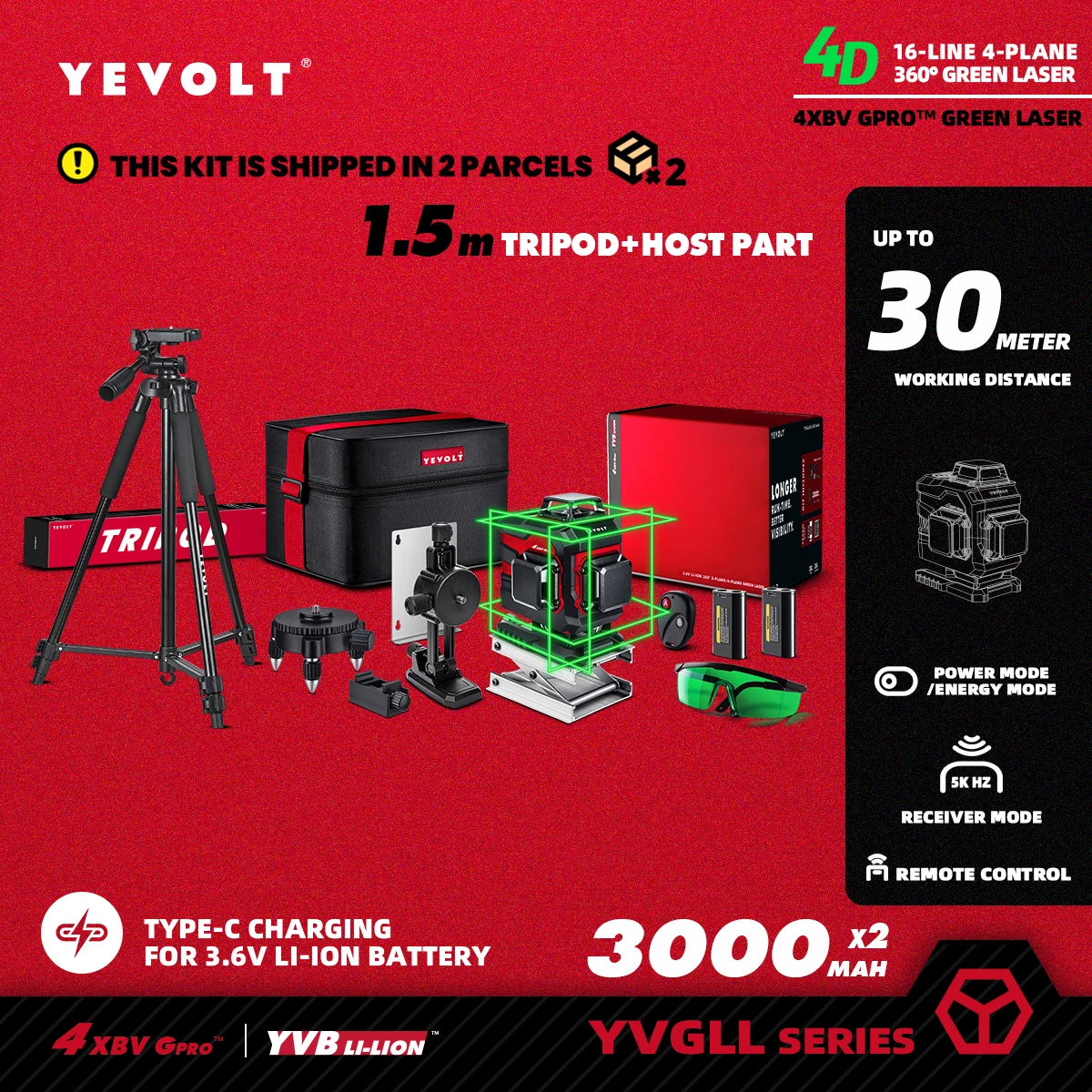Nível a laser YEVOLT Green Beam 3D horizontal e vertical, 16 linhas, autonivelante, ferramentas de medição precisas de 360° - Série YVGLL4XS16